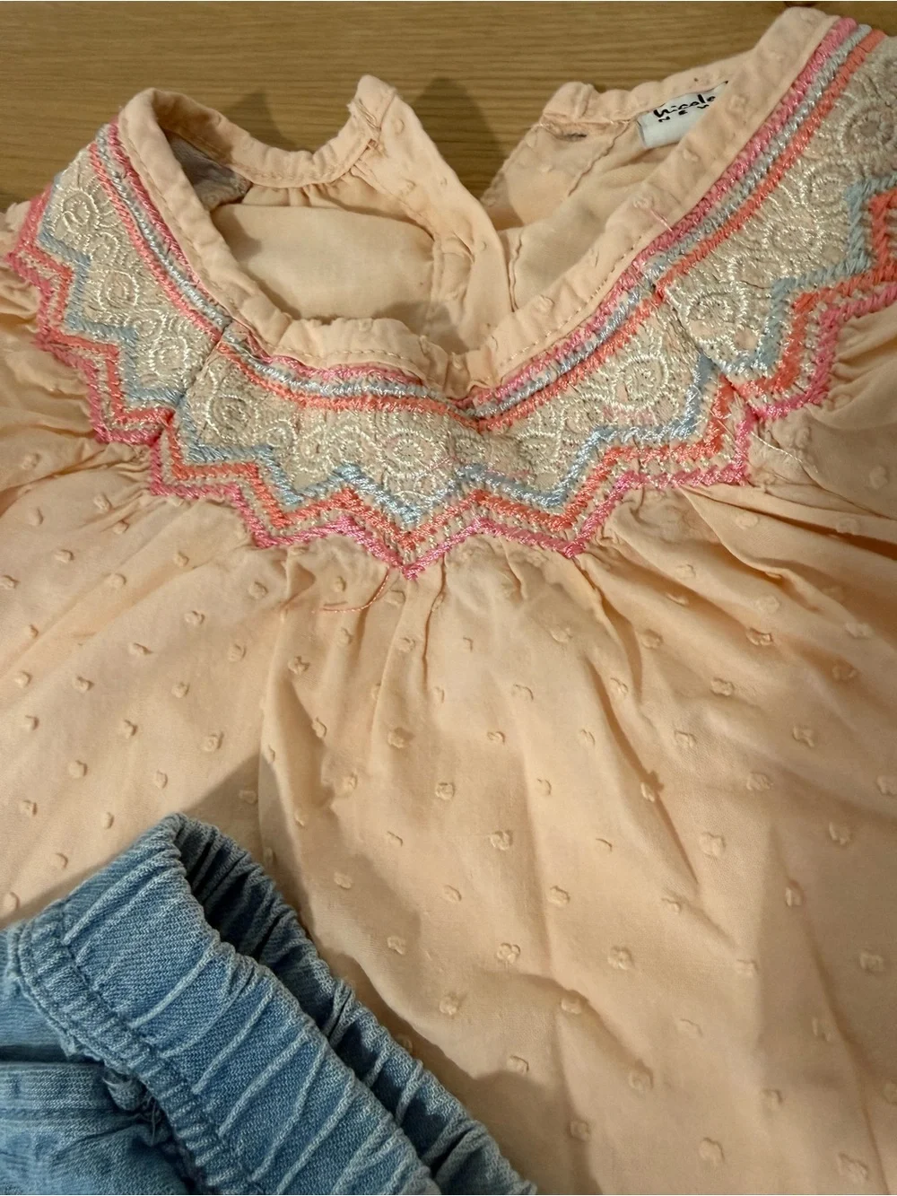 Peach Smocked Flutter Sleeve Top & Light Blue Denim Nicole Miller Shorts Set